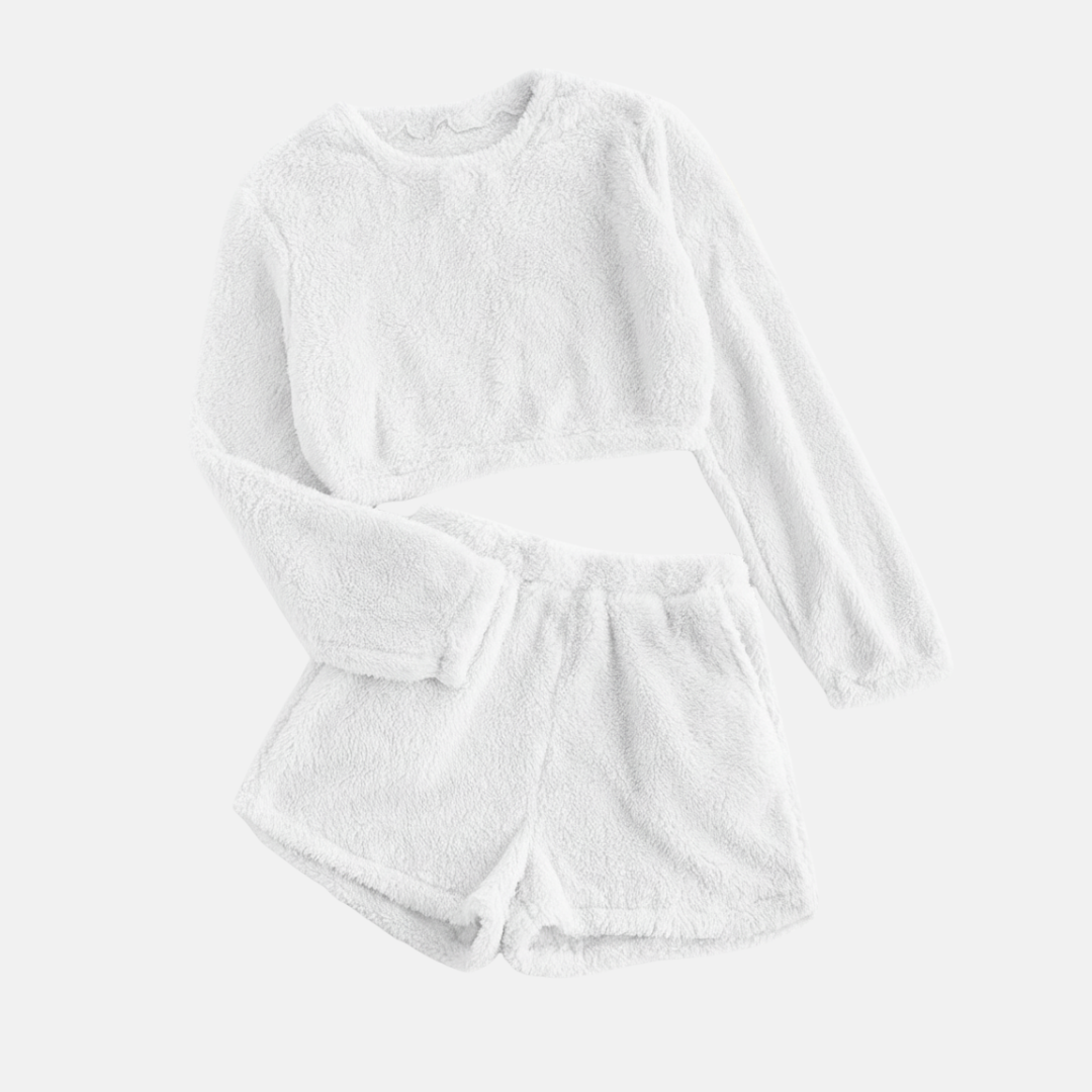 Ensemble Deux Pièces Loungewear Peluche Texturée Avec Top Manches Longues Coupé Court Et Shorts Taille Haute