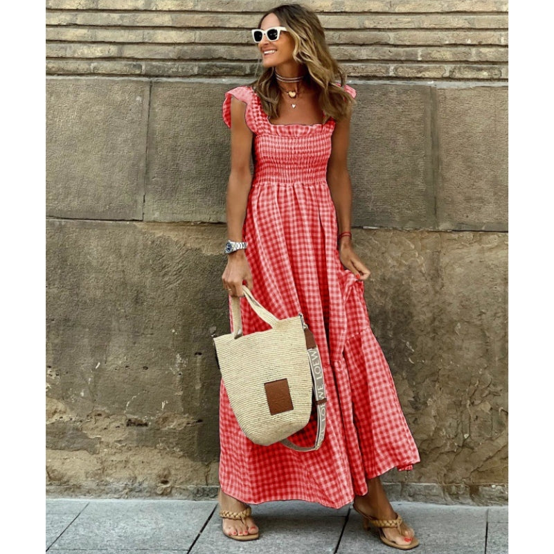 Robe Maxi Anovia En Coton Léger À Carreaux Plaid Avec Corsage Smocké Et Silhouette Confortable Amawinc