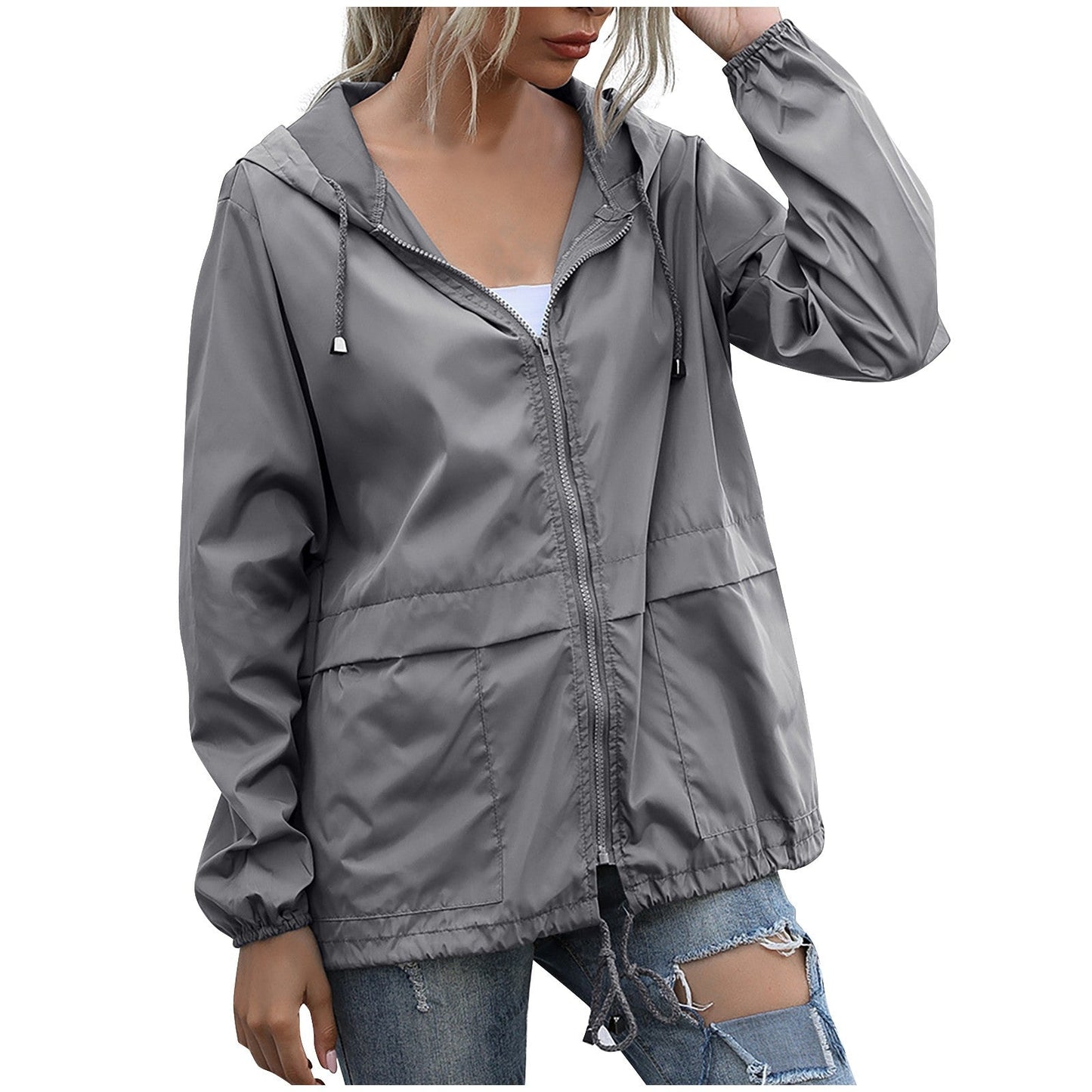 Nicole Veste Coupe Vent Décontractée À Capuche Pour Femme Fermeture Éclair Polyvalente