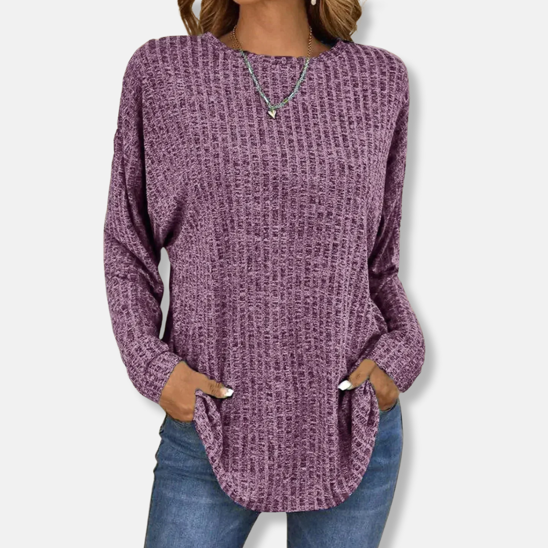 Pull Femme Tricot Côtelé À Coupe Décontractée Manche Longue Avec Ourlet Courbé Pour Automne Hiver