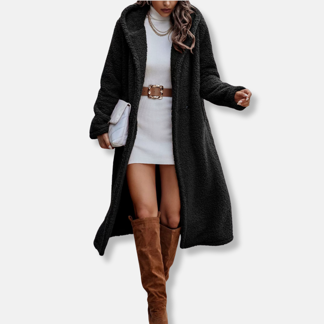 Manteau Long Femme en Peluche Douce Coupe Décontractée Capuche Revers à Encoche Pour Automne Hiver
