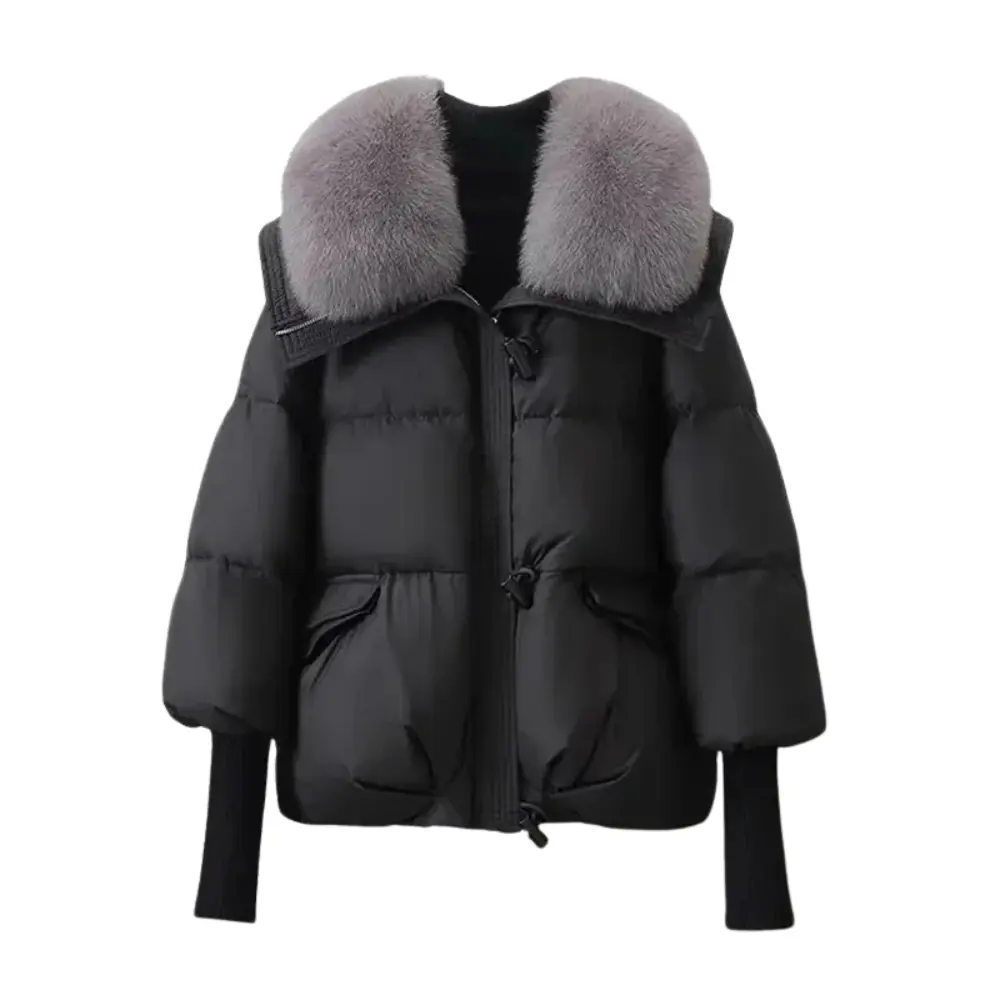 Doudoune Femme Lavinia Gris Col En Fausse Fourrure Poches Pratiques Rembourrage Isolant Taille Cintrée