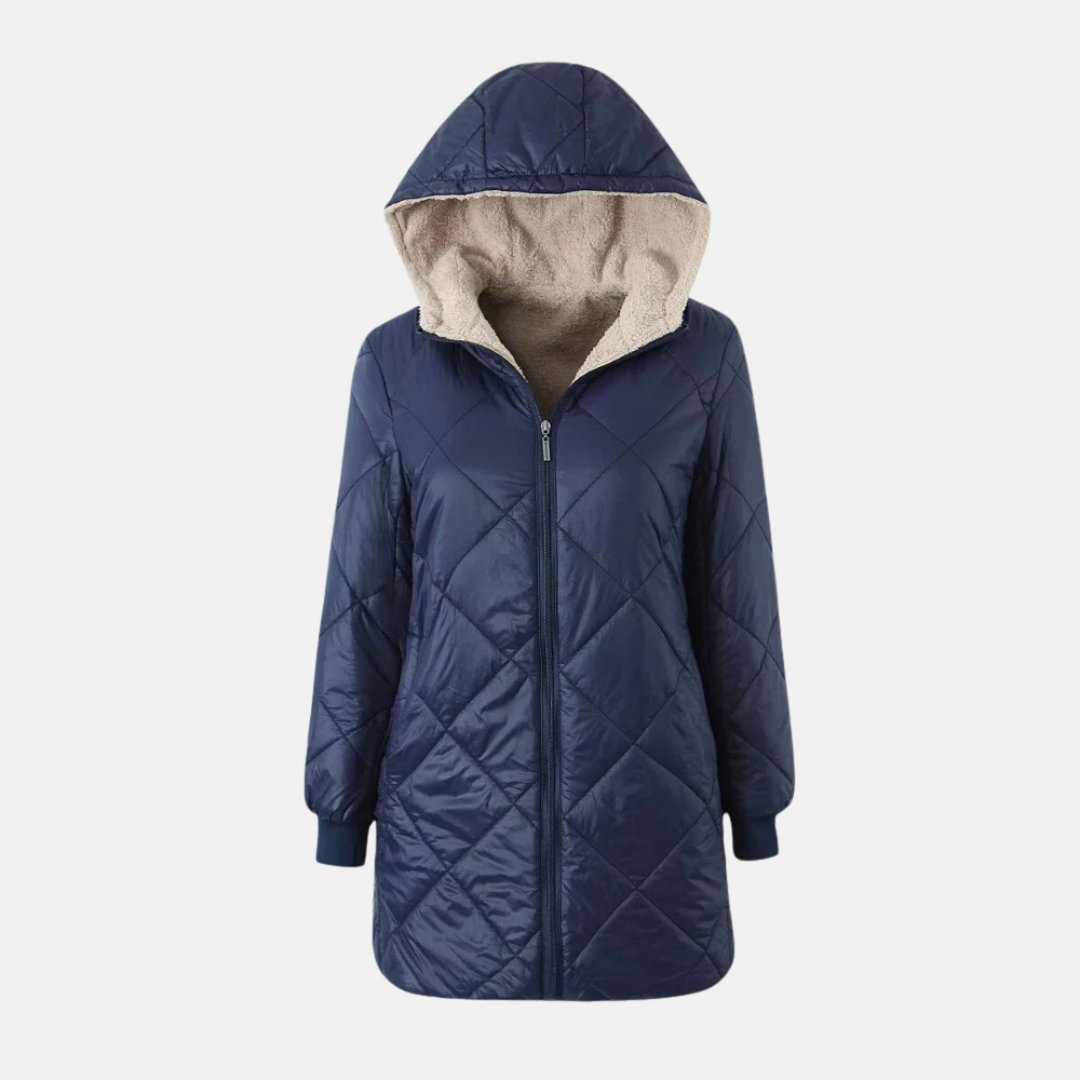 Nordisk-Flair Manteau Matelassé À Capuche Pour Femmes Réversible Diamant Piqûres Mi-Cuisse Design Chic