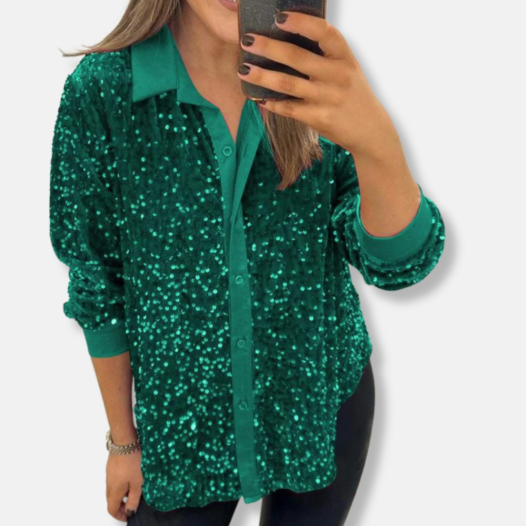 Chemise à Sequins Pour Femme Coupe Décontractée Boutonnée Manches Longues Haut de Soirée