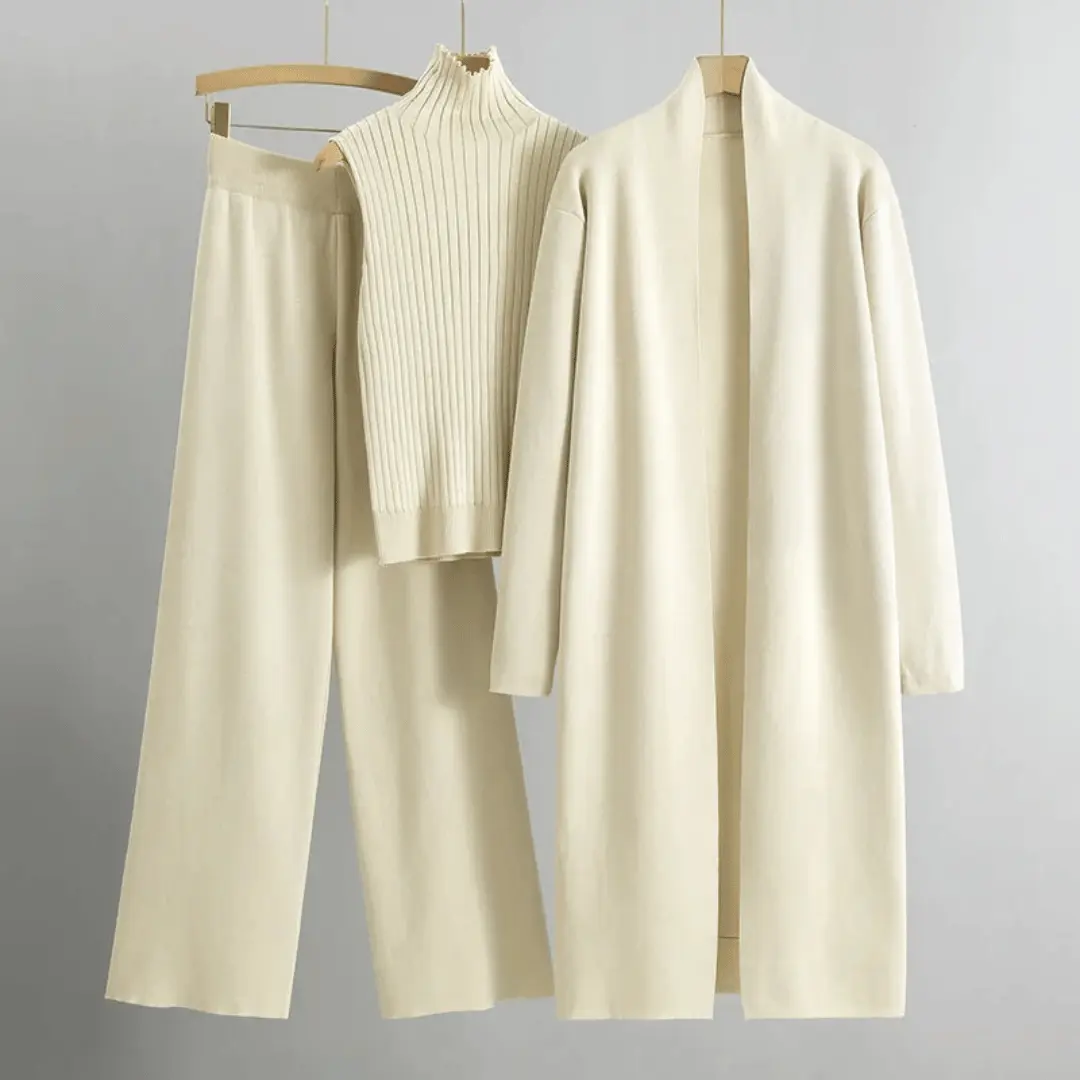Ensemble Trois Pieces Sophia Lane Cardigan Ouvert En Maille Pantalon Large À Jambes Évasées Col Roulé Sans Manches