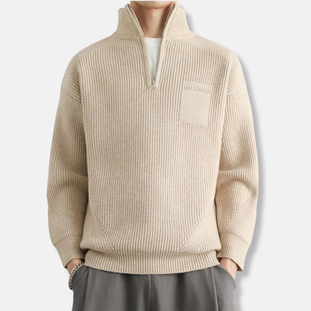Pull Zip Quart En Mélange De Coton Pour Homme, Coupe Décontractée, Col Montant, Confort Quotidien