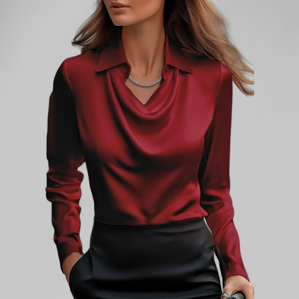 Blouse Satin Drapée Avec Encolure Délicate Rose Pour Femmes Manches Longues Élégante Confortable