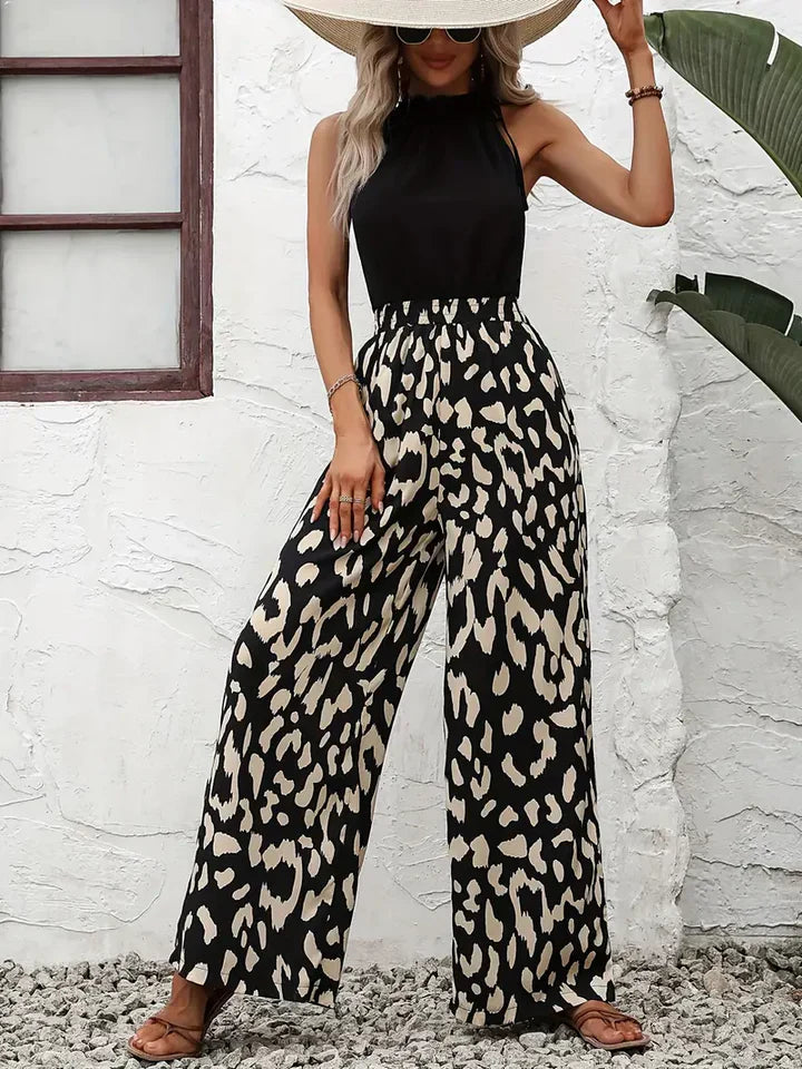 Pantalon Femme Taille Haute Avec Élastique Jambe Large Imprimé Animal Tendance Chic