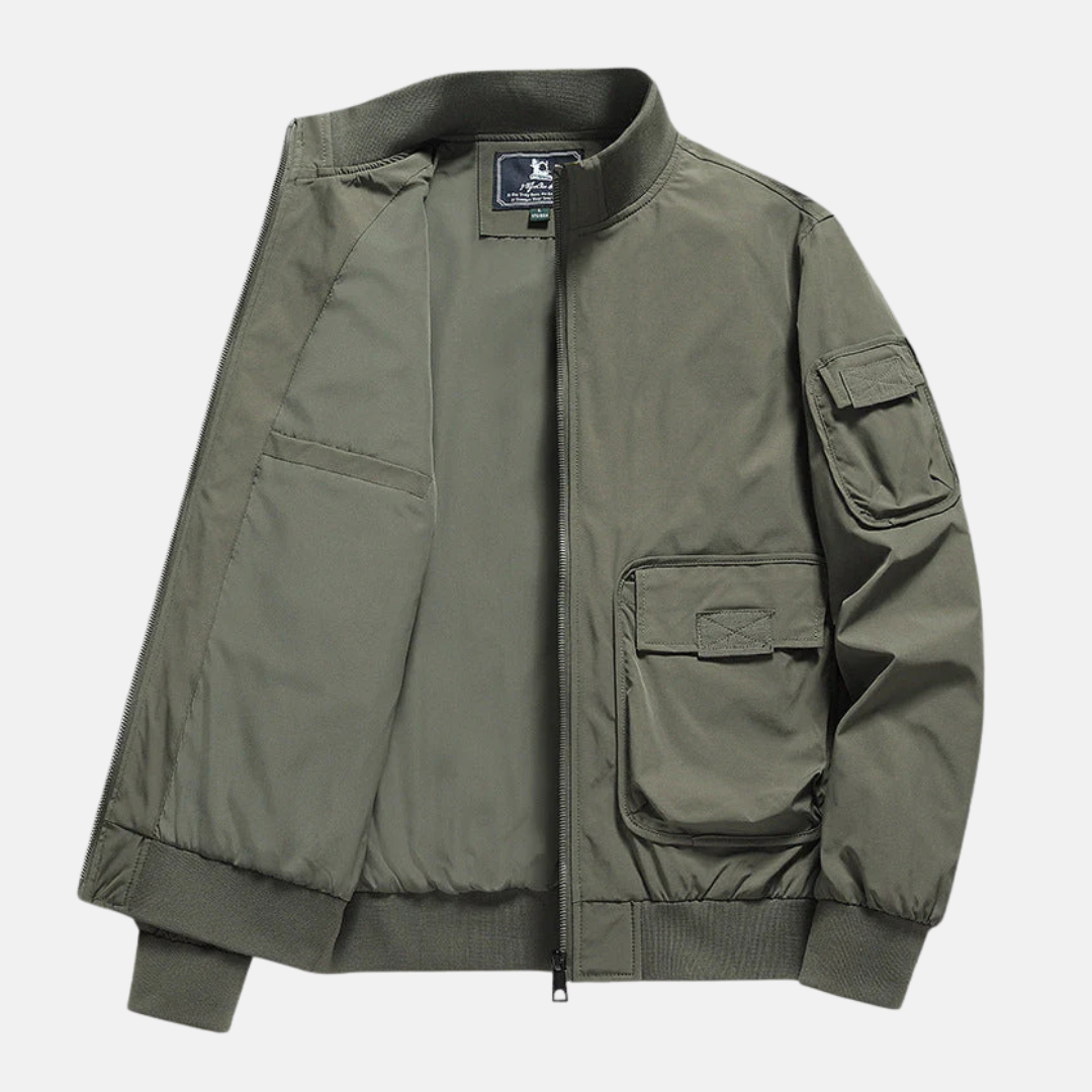 Veste Bomber Homme Bleu Marine À Coupe Décontractée Résistante Au Vent Zip Entier Poches Plaquées Par Amawinc