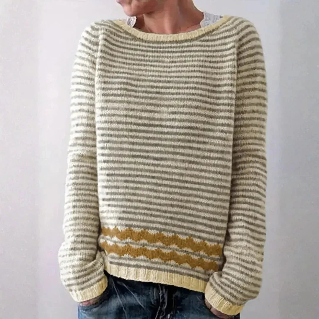 Pull En Maille À Rayures Lulu Décontracté Avec Détail Vague Contrasté À L’Ourlet Et Poignets Côtelés