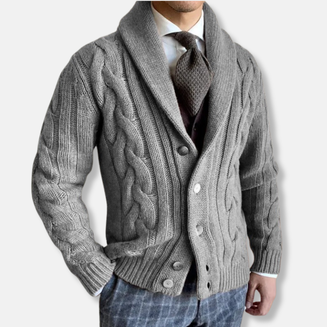 Cardigan Homme En Maille Câble Avec Col Châle Tricot Effet Laine Coupe Classique Moderne Confort