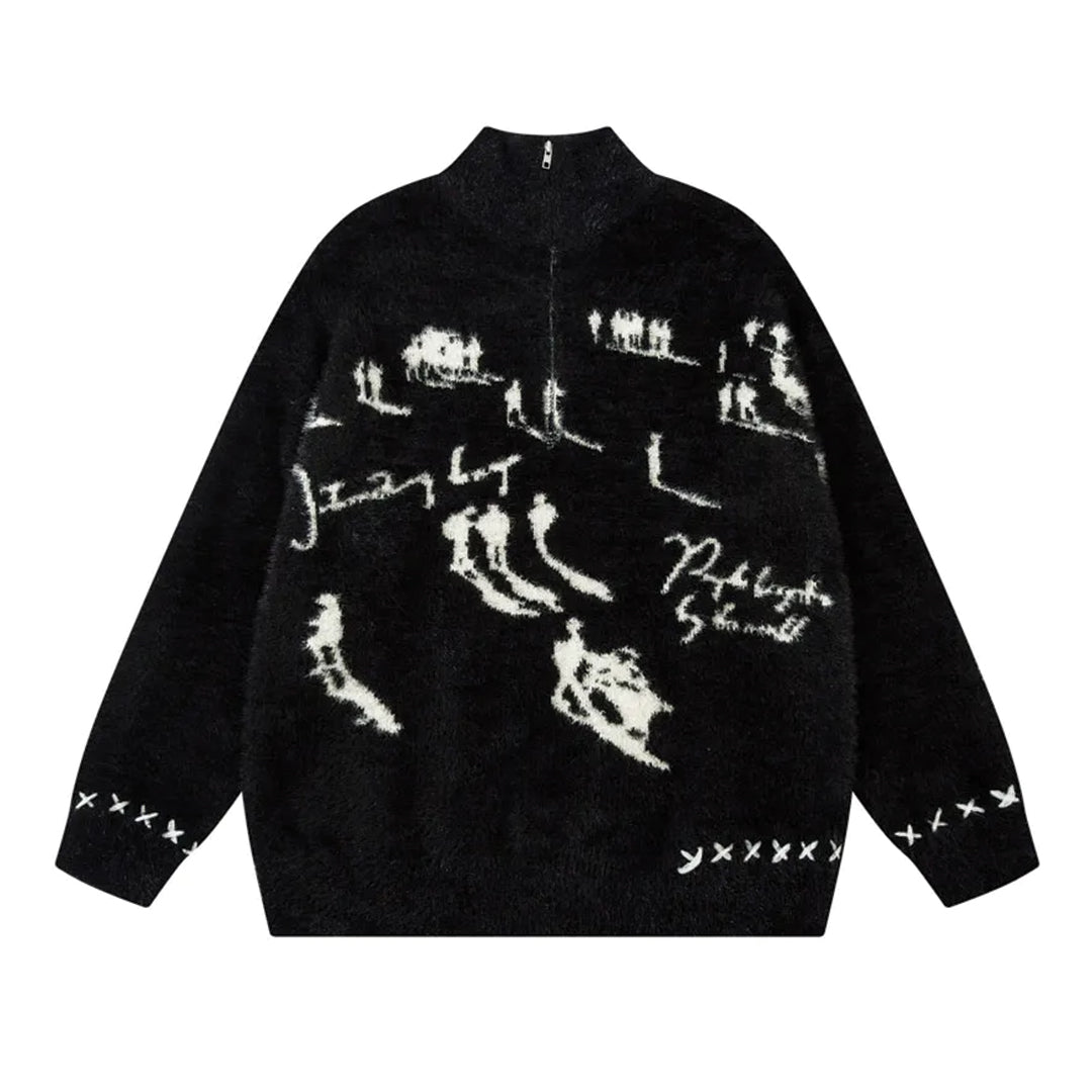 Tricot Alpine Trace Oversize Col V Rayé Coton Mélangé Motif Jacquard Finition Contrastée