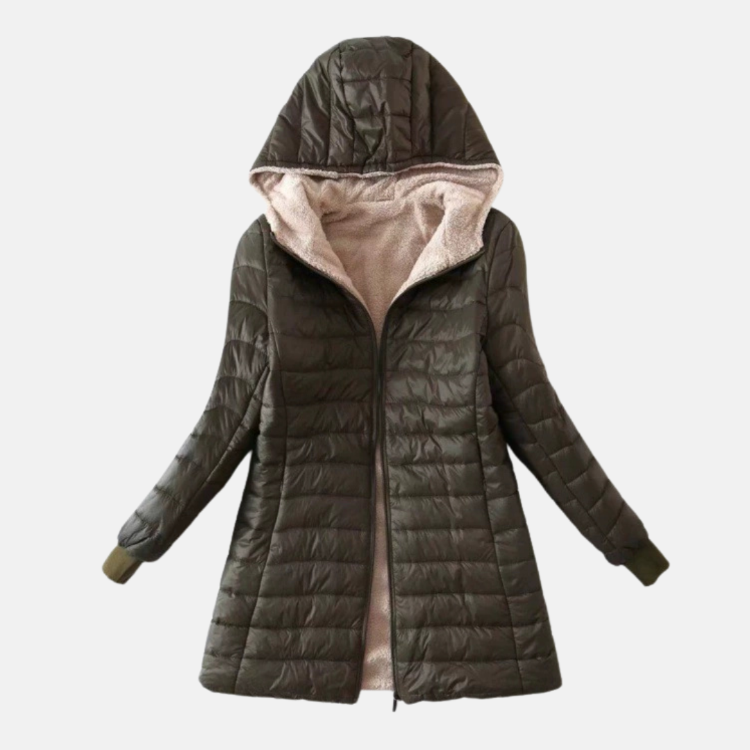 Doudoune Matelassée Pour Femmes À Capuche Mi Longue Avec Doublure Peluche Et Extérieur Quilté Coupe Regular