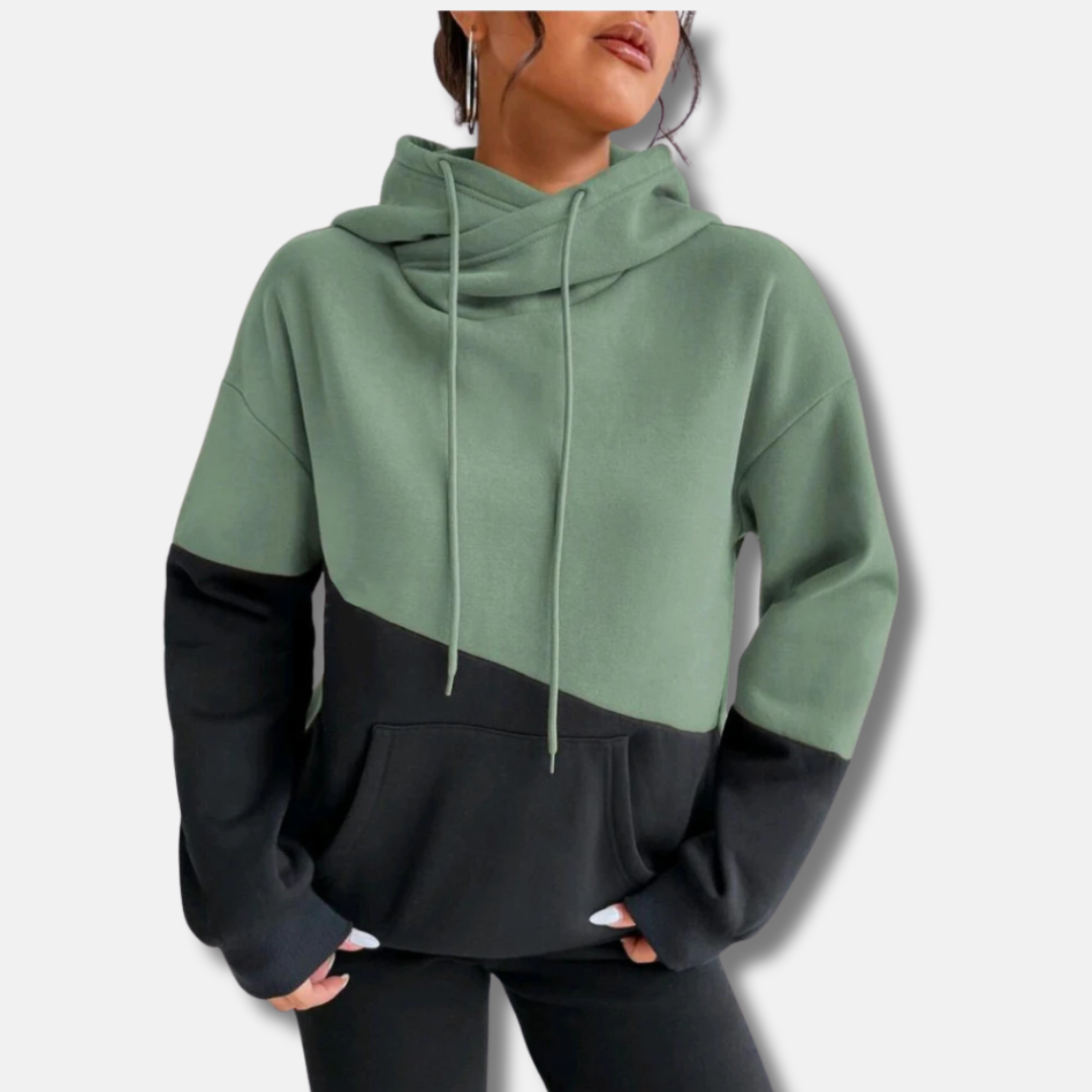 Sweat à Capuche Femme Coupe Décontractée Tissu Tricot Doux Couleur Bicolore Poche Kangourou