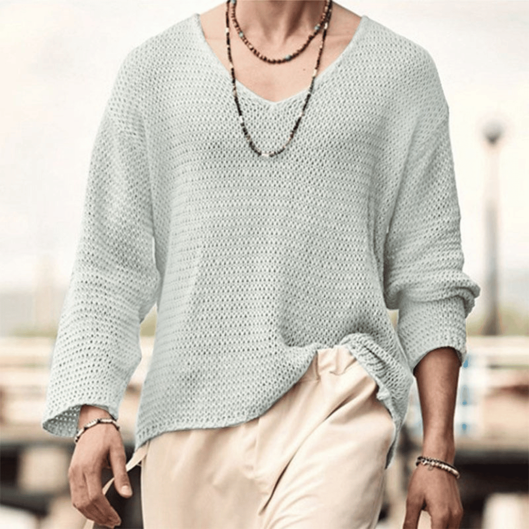Amawinc Pull Homme En Tricot Décontracté Col V Profond Maille Texturée Respirante Beige Pour Jour Et Soir