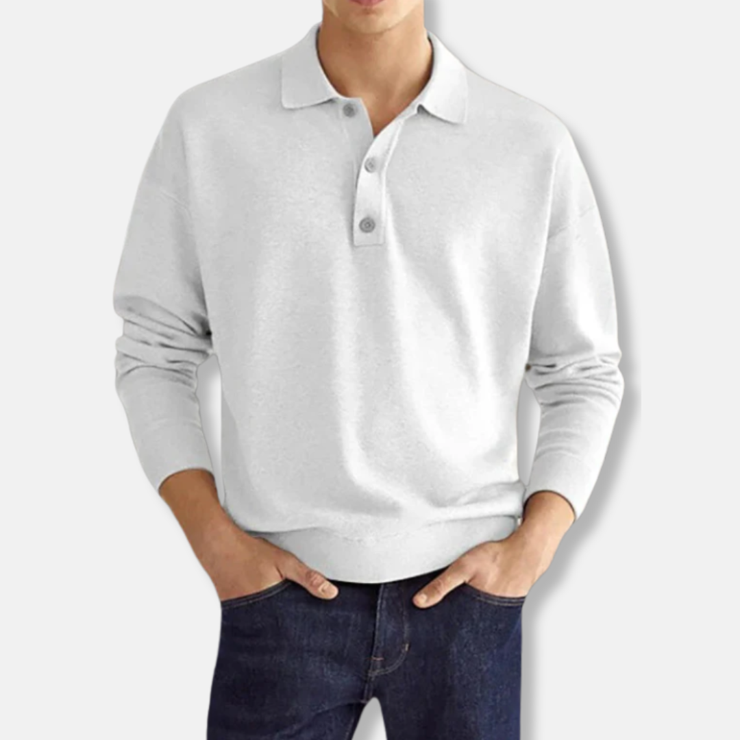 Pull Mélange de Coton Col Polo Manches Longues Coupe Décontractée Style Smart Casual