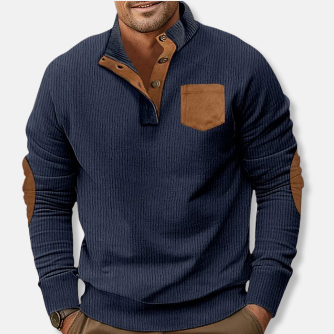 Sweatshirt Homme En Maille Côtelée Col Montant Patches Coudes Contrastants Pour Quotidien