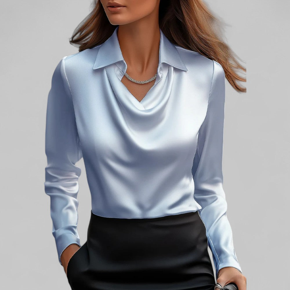 Blouse Satin Drapée Avec Encolure Délicate Rose Pour Femmes Manches Longues Élégante Confortable