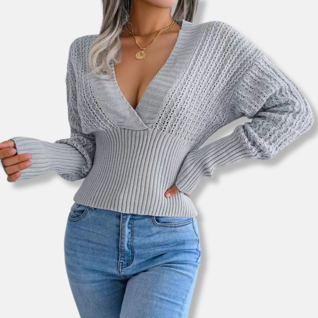Top En Maille Femme Coupe Slim Décolleté En V Profond Taille Côtée Manches Ajourées