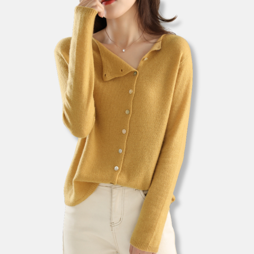 Cardigan Femme En Maille Douce Coupe Décontractée Encolure Asymétrique Poignets Côtelés