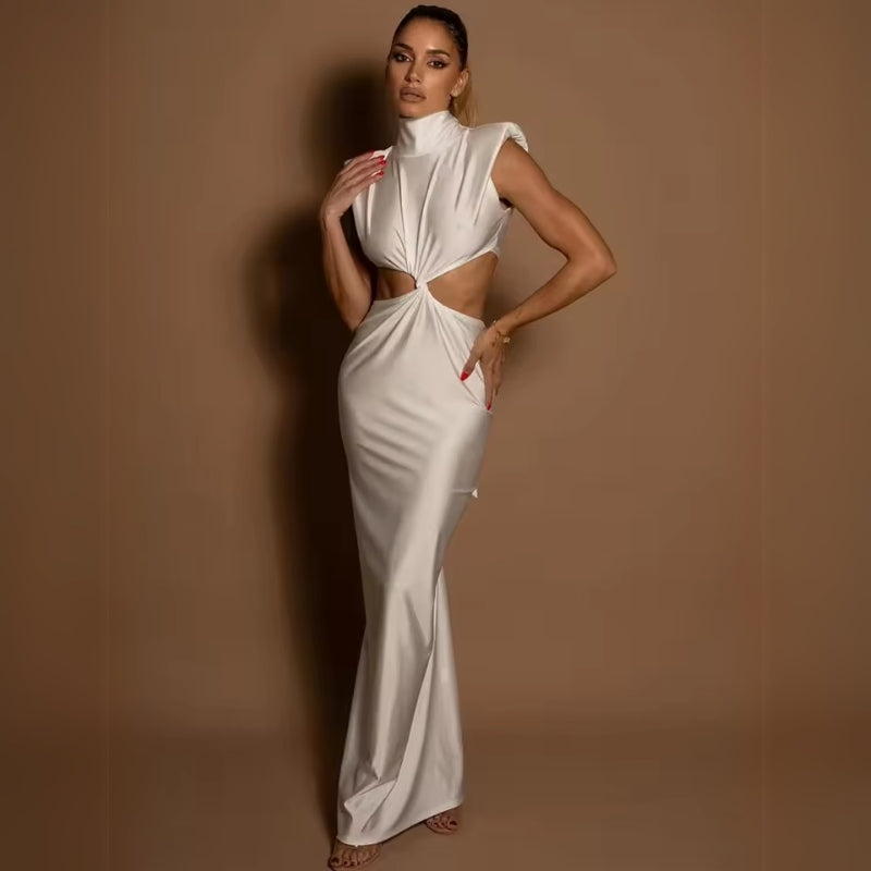 Robe Maxi Mirélle Amawinc Élégance Sculptée Pour Femmes Modernes Événements Formels Col Haut Structuré