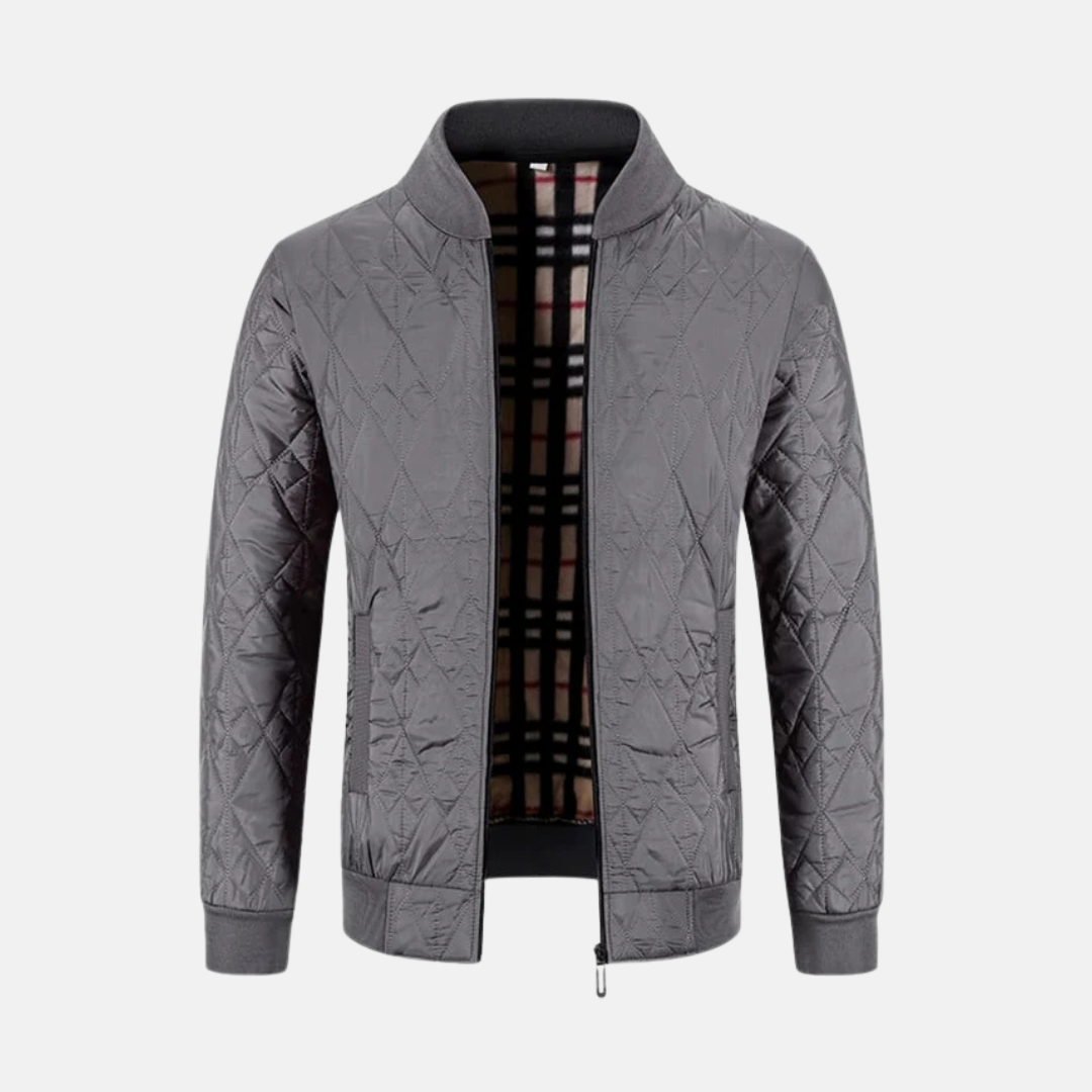 Veste Homme Tissée Zip Complet Motif Diamant Matelassé Col À Côtes Bomber Style Chic Décontracté