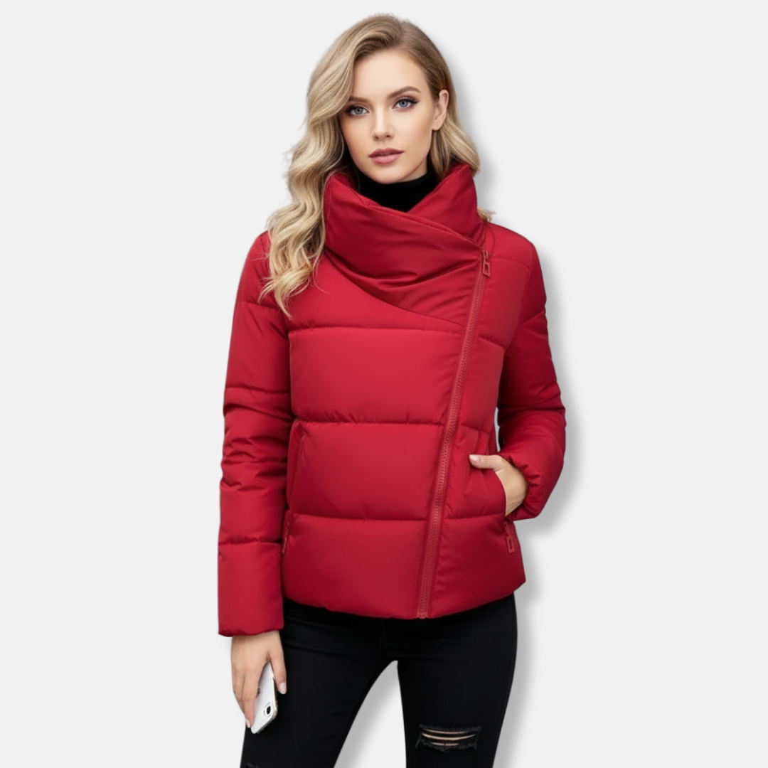 Manteau Matelassé Femme Coupe Régulière Rembourré Chaude Col Cheminée Fermeture Éclair Asymétrique