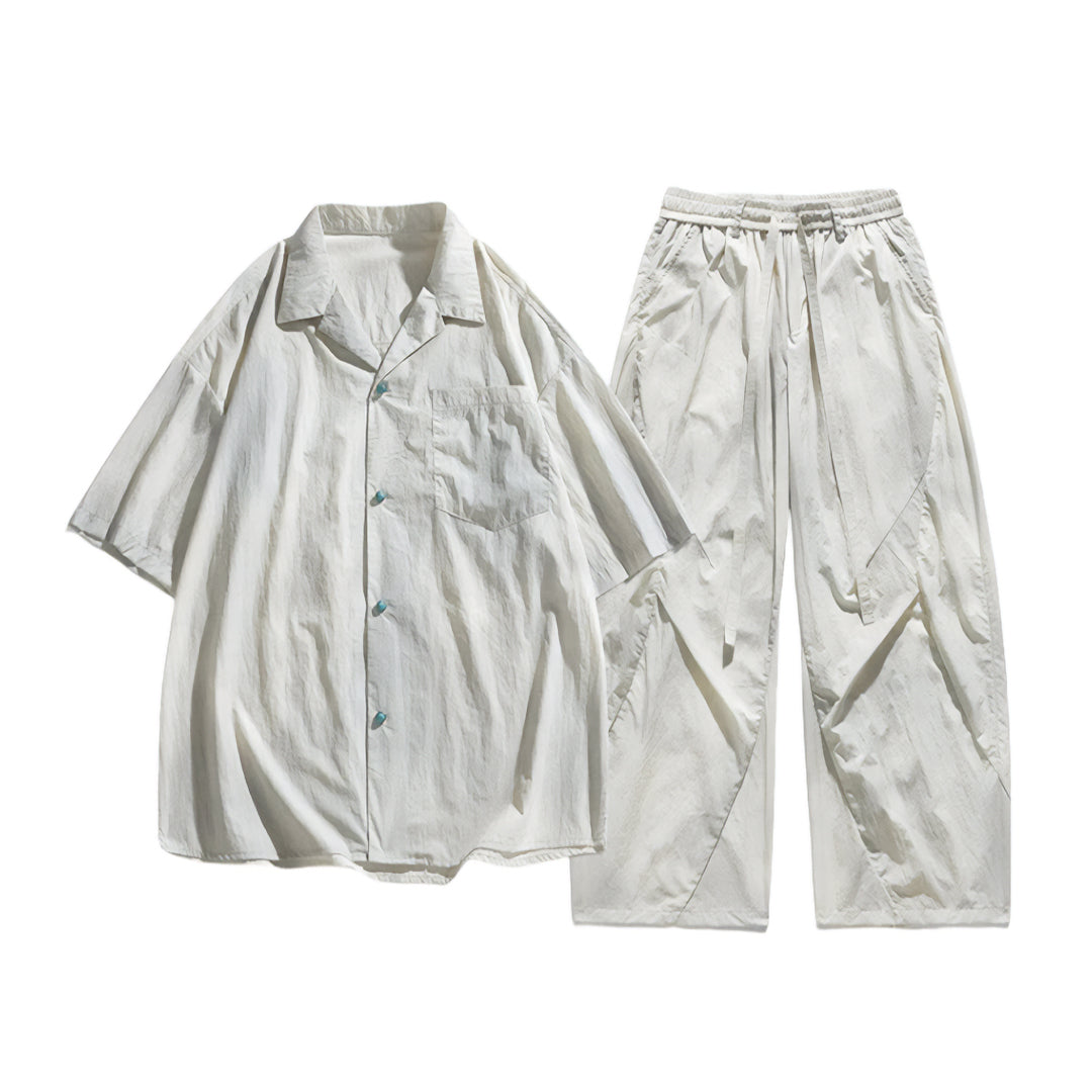 Ensemble Deux Pièces Turquoise En Nylon Léger Avec Cordon De Serrage Chemise Et Pantalon Confortables À Taille Élastique