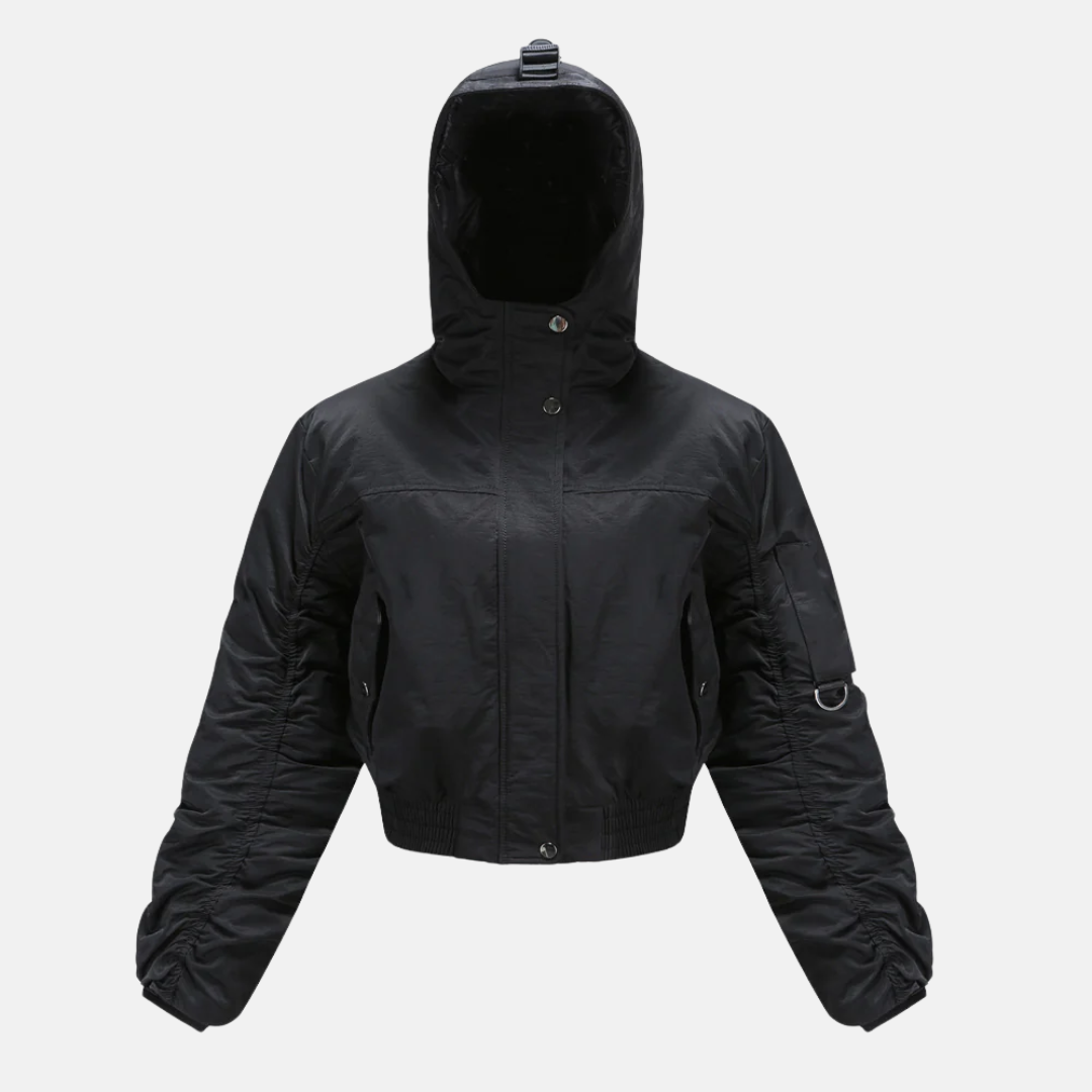 Manteau Puffer Court Pour Femmes Capuche Poignets Côtelés Poche Sur Manche Modèle Cropped Nordisk Flair