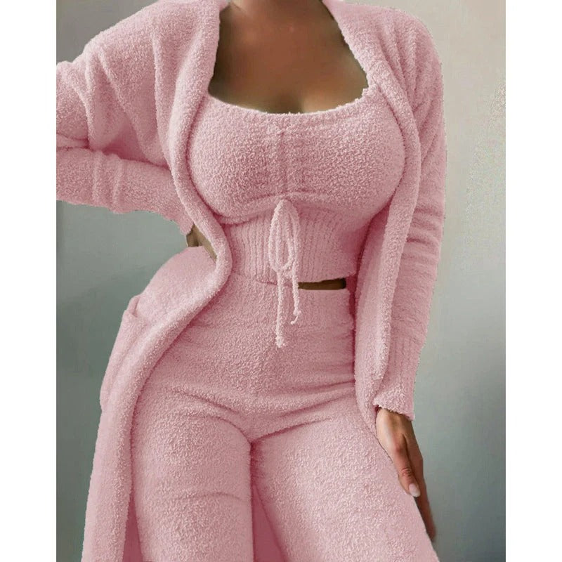 Damen Pyjama Carlotta: Bequemer 3-teiliger Fleece-Baumwoll Schlafanzug