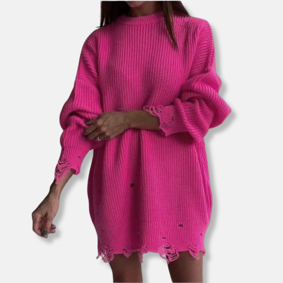 Robe Courte En Maille Côtelée À Manches Ballon Avec Ourlet Usé Pour Un Style Décontracté et Sophistiqué