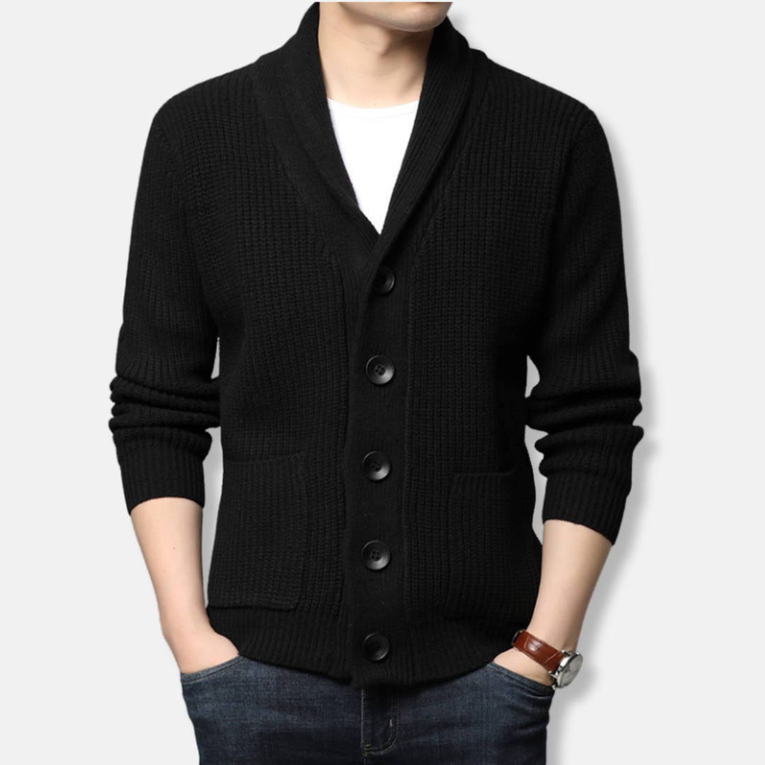 Cardigan Homme En Maille Côtée Avec Col Châle Boutonné Et Poches Plaquées Pour Une Élégance Décontractée