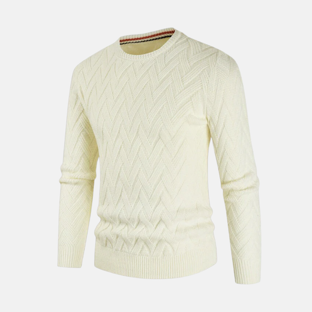 Pull Homme En Laine Col Rond Maille Chevron Texture Poignets Et Ourlets Côtes Classique