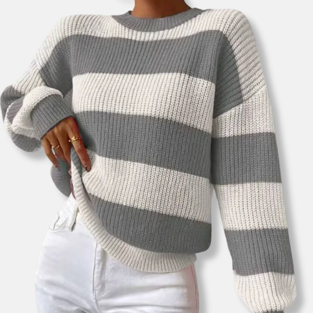 Sweat Femme En Maille Côtelée Coupe Décontractée Manches Ballon Col Rond Rayé Pour Femme