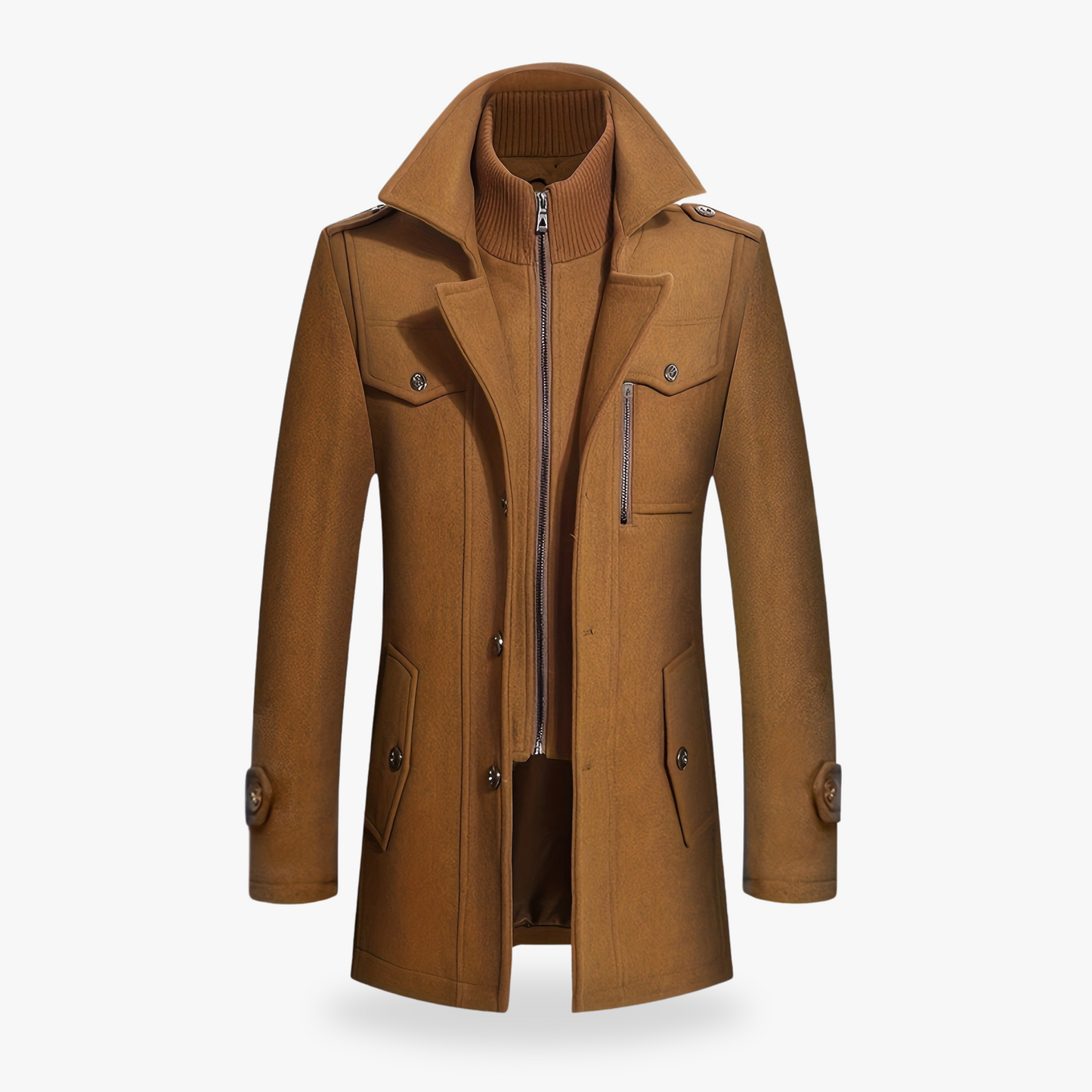 Manteau Homme En Laine Mélangée Double Boutonnage Coupe Slim Col Revers À Cran Avec Zip Caché Pour Hiver