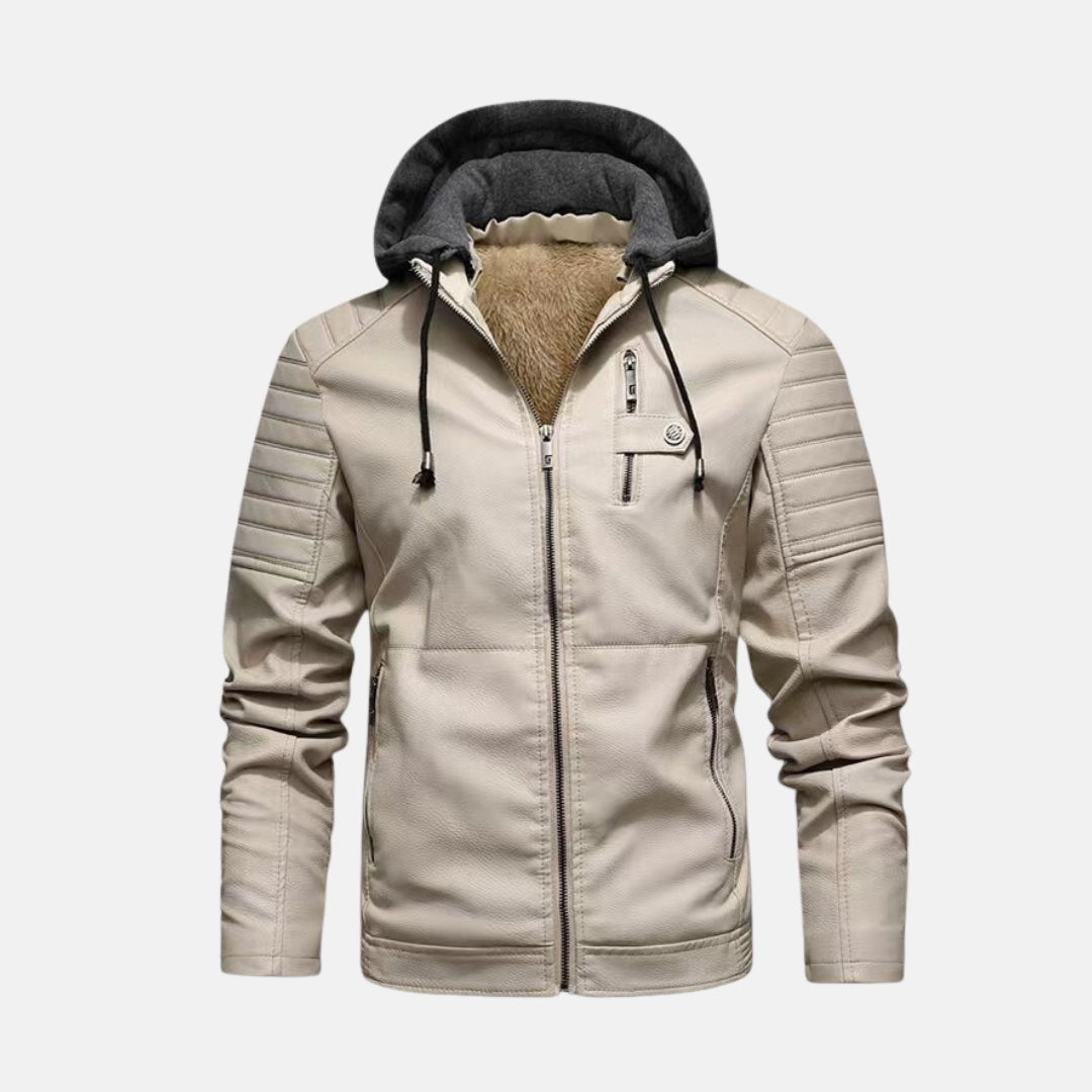 Veste Homme En Cuir Slim Fit Avec Capuche Doublure Peluche Épaules Matelassées Fermeture Éclair