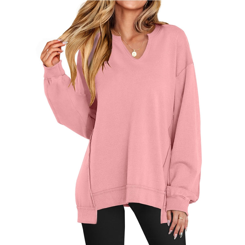 Casvyn Sweatshirt Col V Décontracté en Maille Coton Doux Pour Un Style Confortable et Raffiné