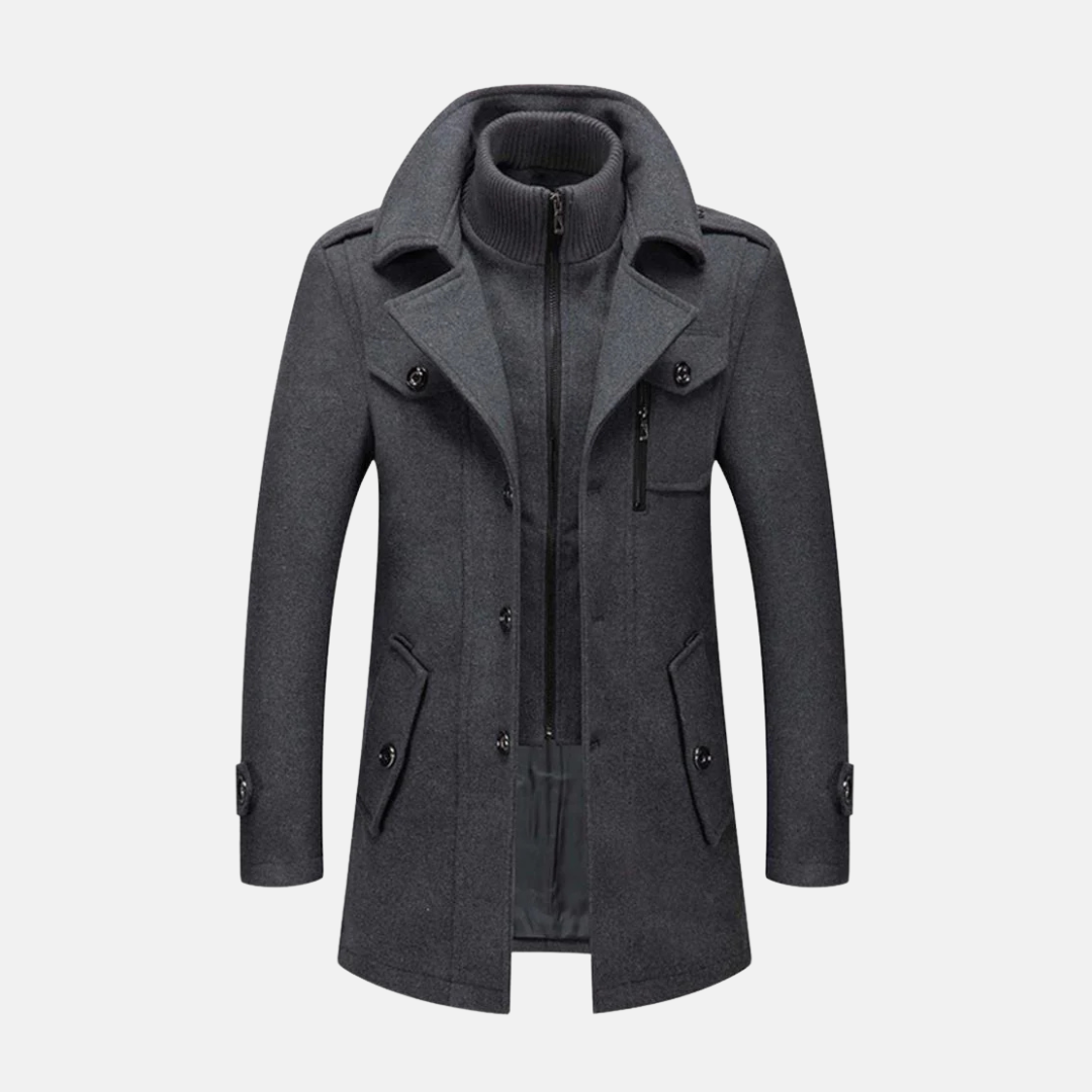 Manteau Homme en Mélange de Laine Slim Fit Longueur MiCuisse avec Double Col et Épaulettes
