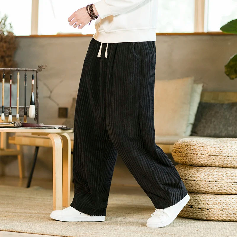 Pantalon Harem Décontracté Plissé En Velours Côtelé Uni Pour Homme Avec Taille À Cordon