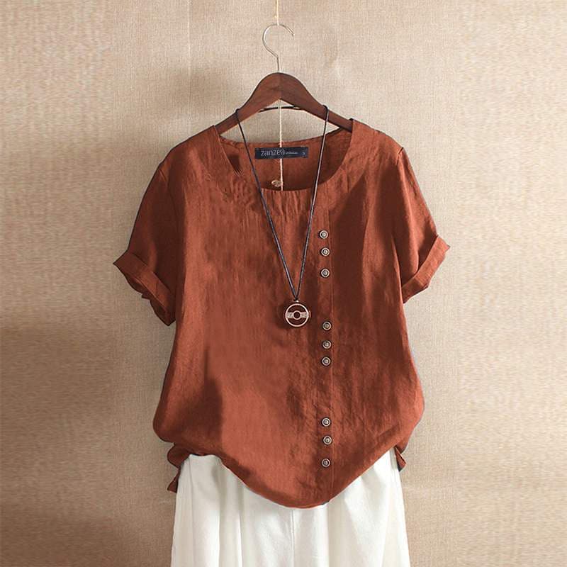 Blouse Femme Décontractée En Mélange Coton Manches Courtes Boutons Devant Asymétriques Nordisk Flair