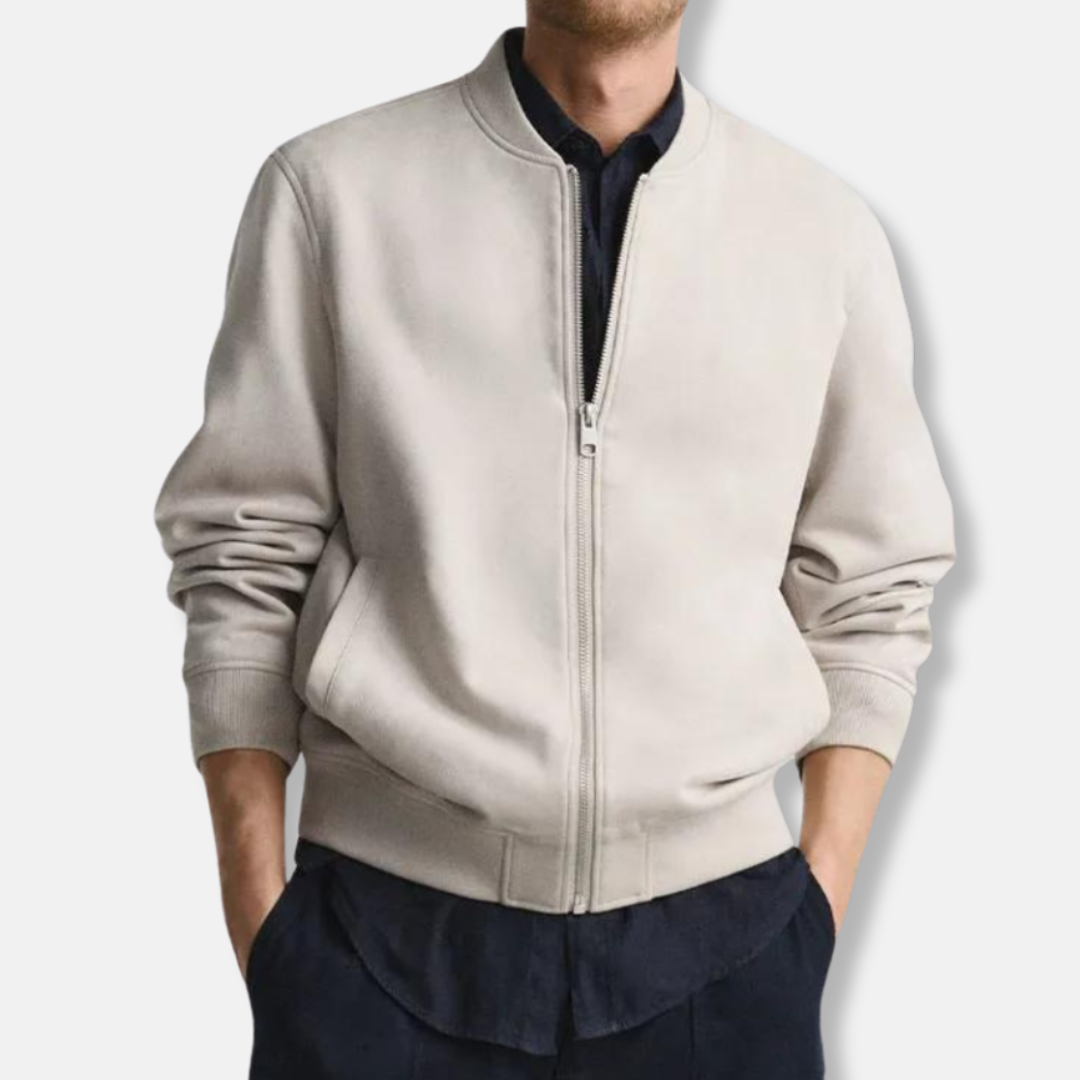 Veste Bomber Homme Effet Suede PU Zip Cognac Bordures Côtelées Coupe Regular Pour Tous Les Jours