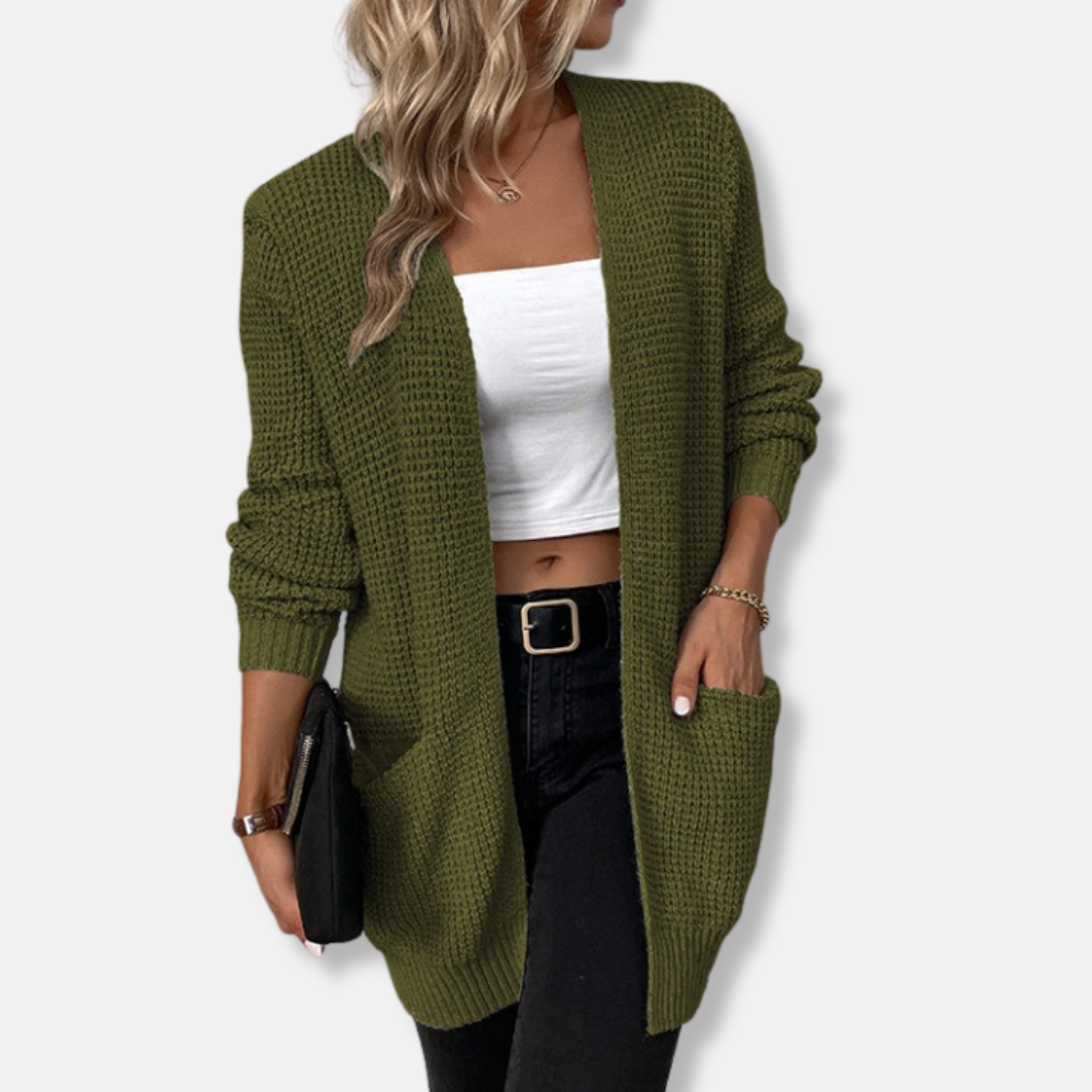 Cardigan Femme Décontracté En Maille Gaufre Ouvert Avec Poches Plaquées Pour Automne Hiver