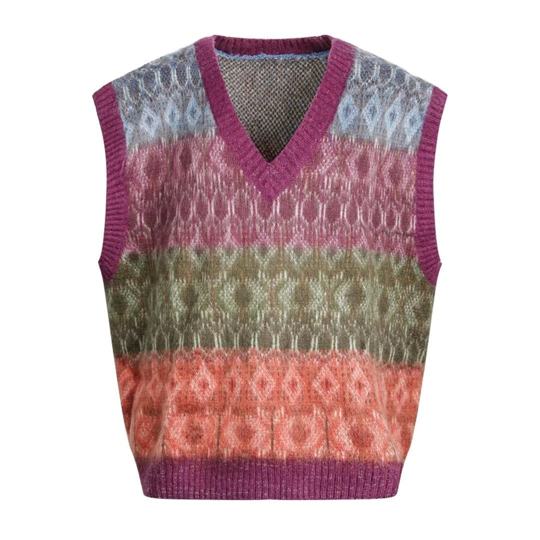 Gilet En Mohair Et Laine Avec Motif Jacquard Contrasté Col V Pour Un Look Moderne Et Polyvalent
