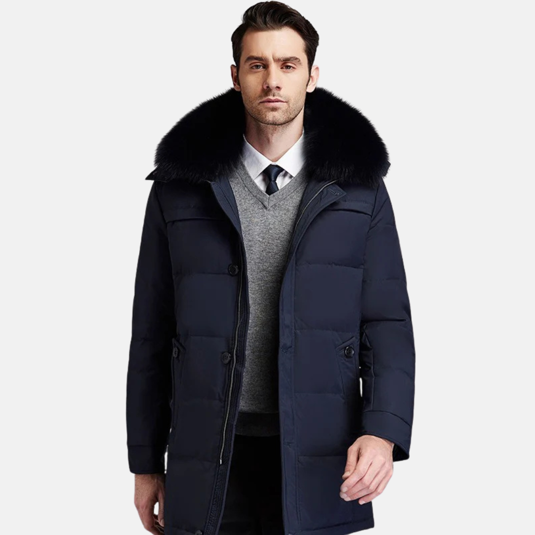 Doudoune Homme Avec Bordure En Fourrure Détachable Col Montant Mi Long Tissé Pour L Hiver
