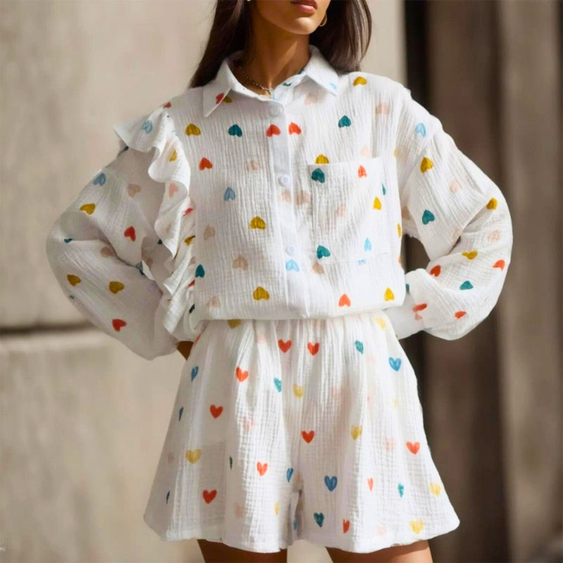 Ensemble Deux Pièces Motifs Cœur Tissu Doux Confortable Pour Tenue Décontractée Brunch Plage