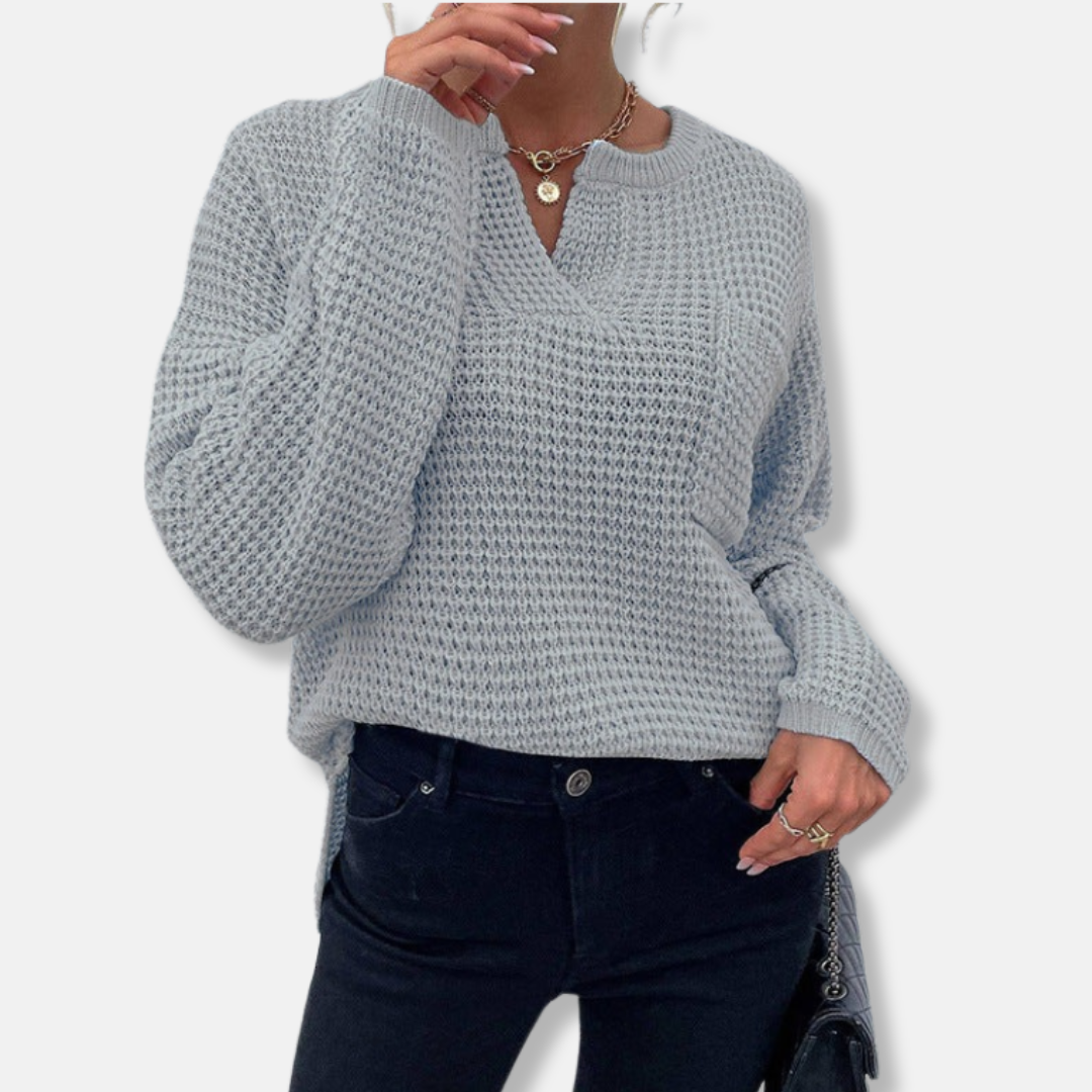 Pull Femme En Maille Gaufre Coupe Décontractée Col Rond À Encoches Manches Longues À Poignets