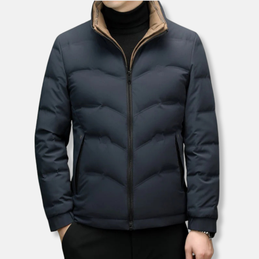 Veste Homme En Tissu Tissé Quilté Motif Chevron Poches Zippées Col Montant Chaud Pour Hiver Confortable