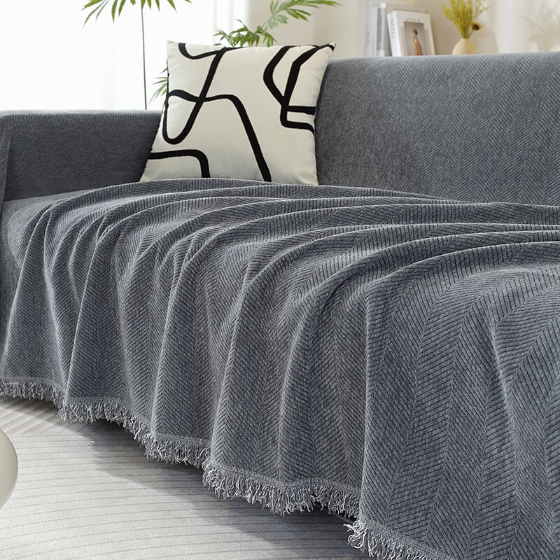 Jeté en Chenille Motif Chevron avec Bordure Pompons pour Canapé Confortable Élégant
