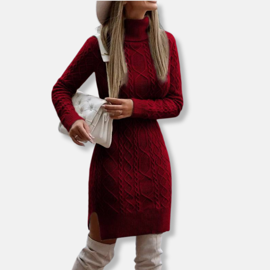 Robe Mini Femme Coupe Slim en Maille Mélangée Laine Col Roulé Manches Longues Fente Latérale Amawinc