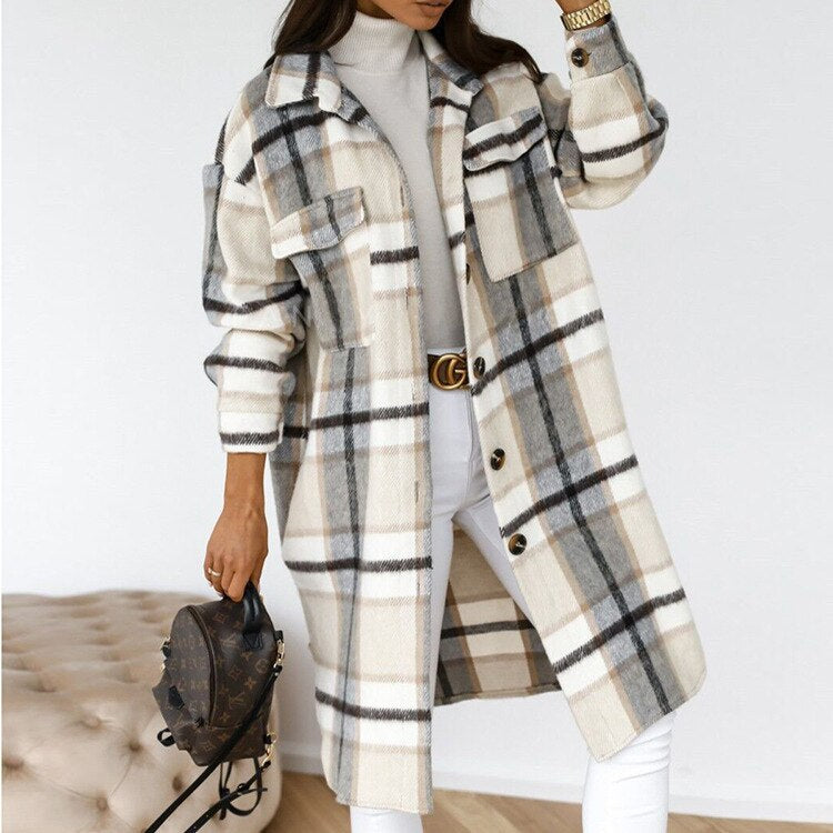 Manteau Femme En Mélange De Laine Amawinc Longue Silhouette Motif À Carreaux Fermeture À Boutons Classique